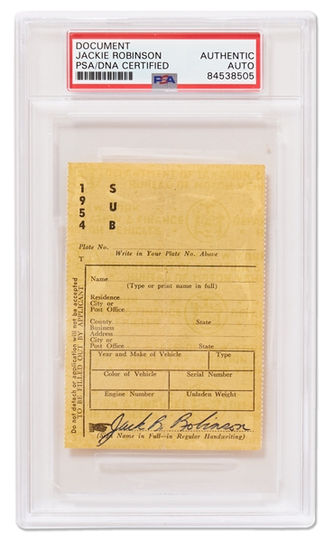 Jackie Robinson Signed Vehicle Registration Certificate, Circa 1954 -- PSA/DNA Encapsulated