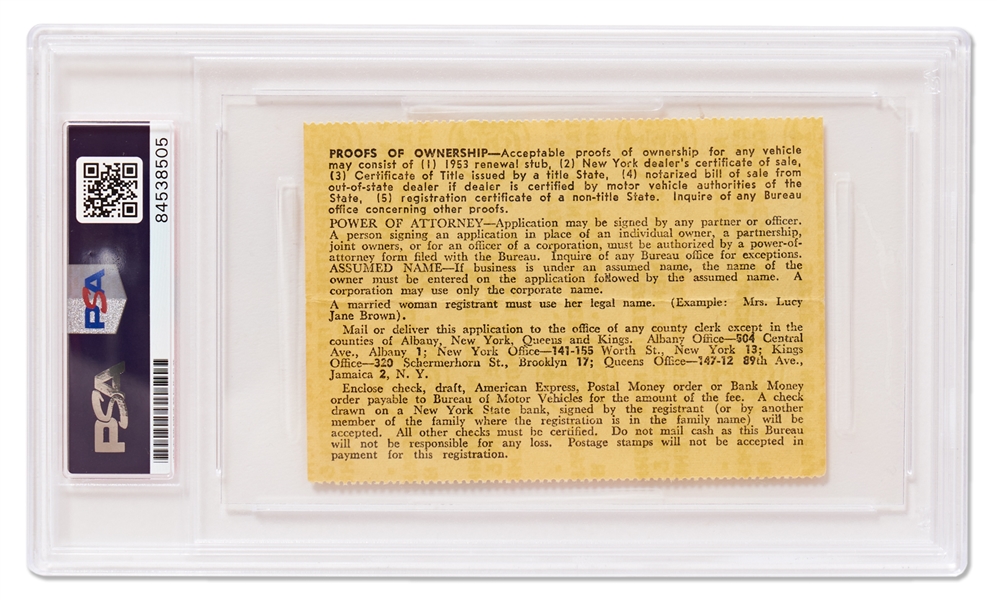 Jackie Robinson Signed Vehicle Registration Certificate, Circa 1954 -- PSA/DNA Encapsulated