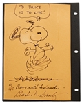 Charles Schulz Signed Sketch of Snoopy Dancing -- Measuring 7.5'' x 10.75''