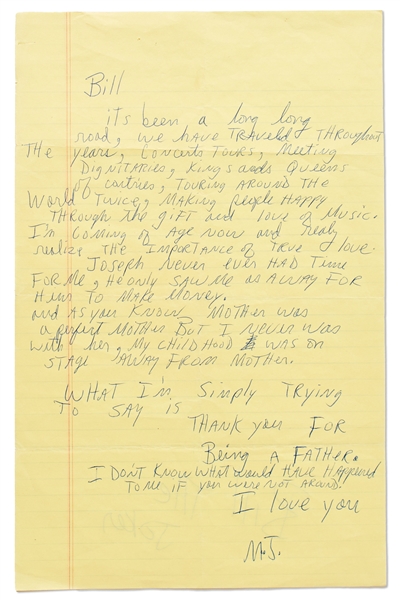 Michael Jackson Autograph Letter Signed to Bill Bray -- ''...Joseph...only saw me as a way for him to make money...Thank you for being a father...I love you...'' -- With Epperson COA