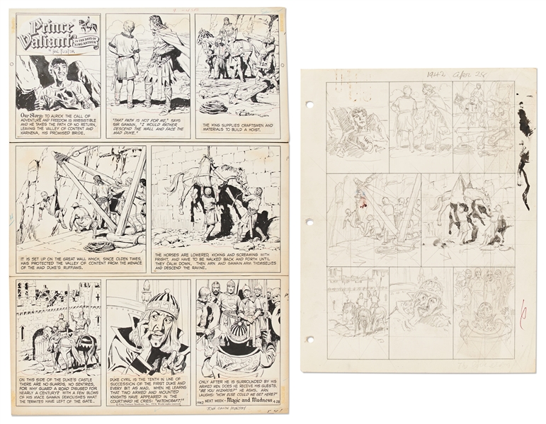 Lot of John Cullen Murphy ''Prince Valiant'' Sunday Comic Strip Artwork Plus Hal Foster Preliminary Sketch -- #1942 for Both Strip & Sketch, Dated 28 April 1974