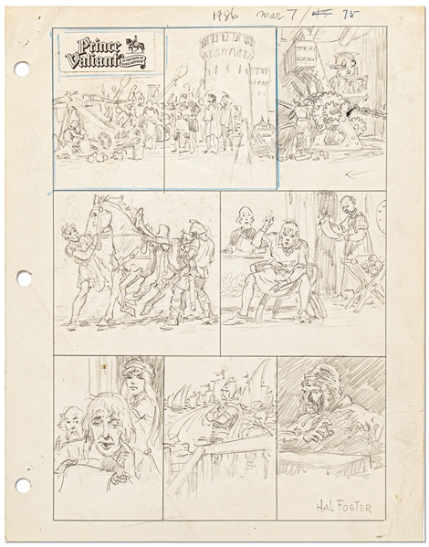 Original Hal Foster Signed ''Prince Valiant'' Preliminary Artwork -- #1986 for the 2 March 1975 Comic Strip