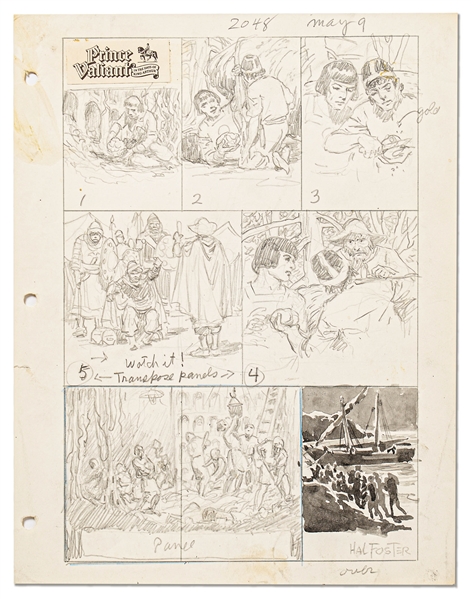 Original Hal Foster Signed ''Prince Valiant'' Preliminary Artwork -- #2048 for the 9 May 1976 Comic Strip