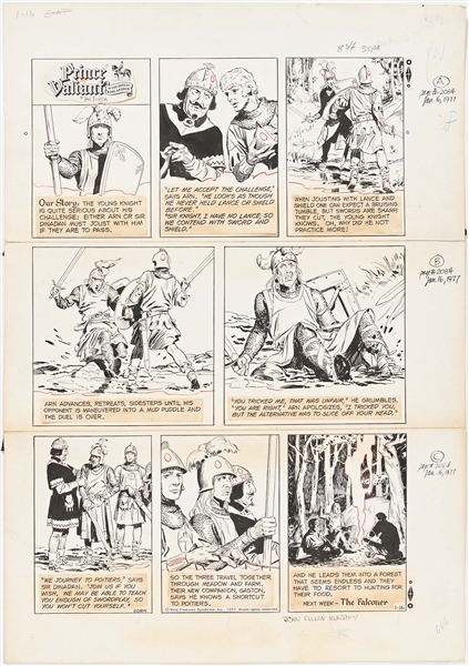 Lot of John Cullen Murphy ''Prince Valiant'' Sunday Comic Strip Artwork Plus Hal Foster Preliminary Sketch -- #2084 for Both Strip & Sketch, Dated 16 January 1977