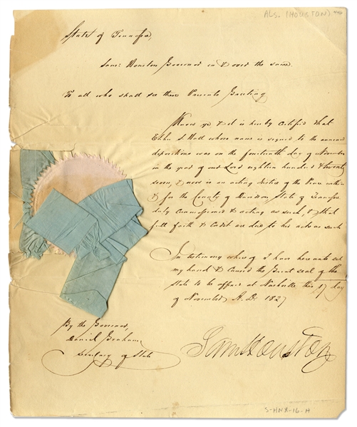 Sam Houston Document Signed as Governor of Tennessee -- Houston Appoints a Justice of the Peace for Davidson County