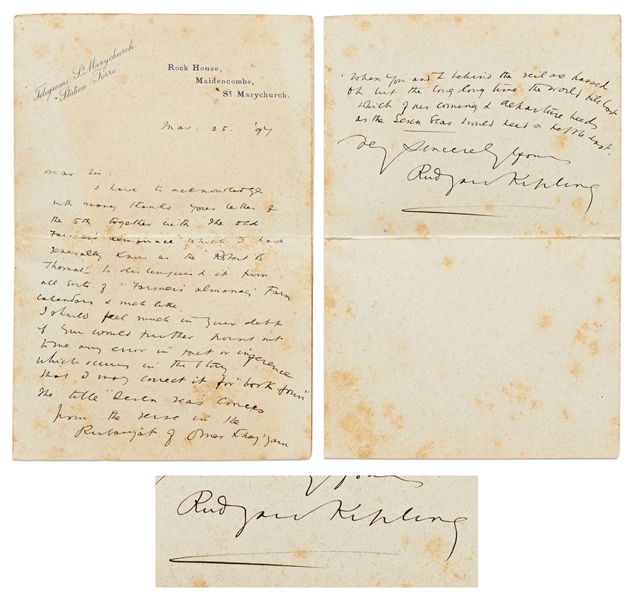 Rudyard Autograph Letter Signed Regarding His Book of Poetry, ''The Seven Seas''