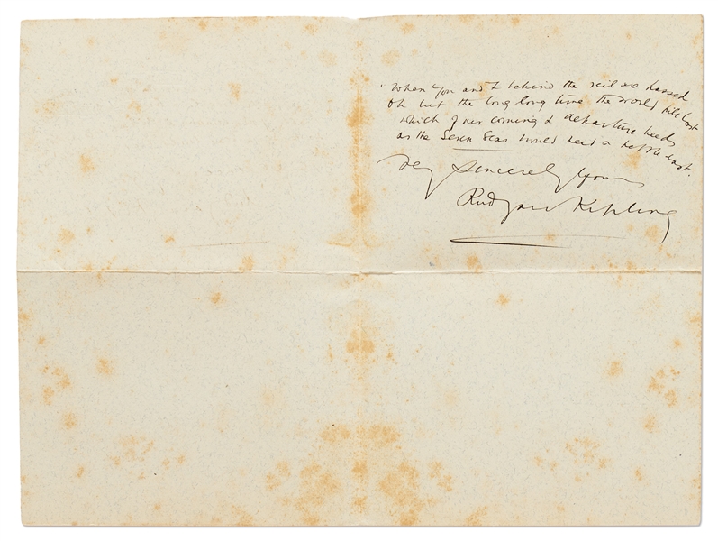 Rudyard Autograph Letter Signed Regarding His Book of Poetry, ''The Seven Seas''