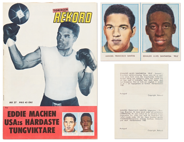Uncut M. Santos/Pele Rookie Card -- Contained Within the 1958 ''Swedish Rekord Journal'' -- Scarce as Uncut