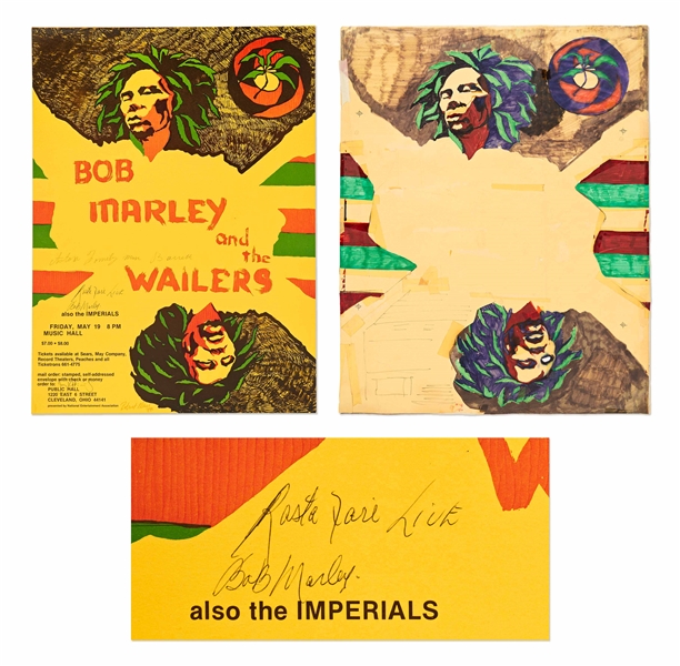 Scarce Bob Marley Signed Poster for His May 1978 Concert -- Includes Original Artwork for Poster