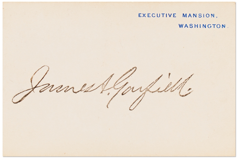 Rare James Garfield Stamped Signature on Executive Mansion Card -- Sent Post Assassination in a Mourning Envelope Hand-Addressed by First Lady Lucretia Garfield