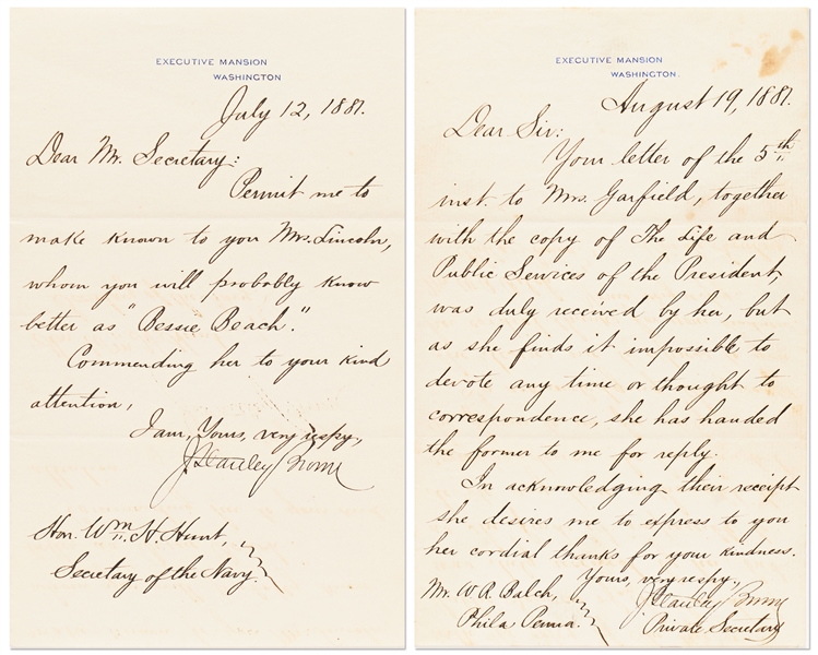 Lot of James Garfield Assassination Letters -- Composed on Executive Mansion Stationery by Garfield's Secretary, Joseph Stanley Brown After the Shooting but Before Garfield's Death