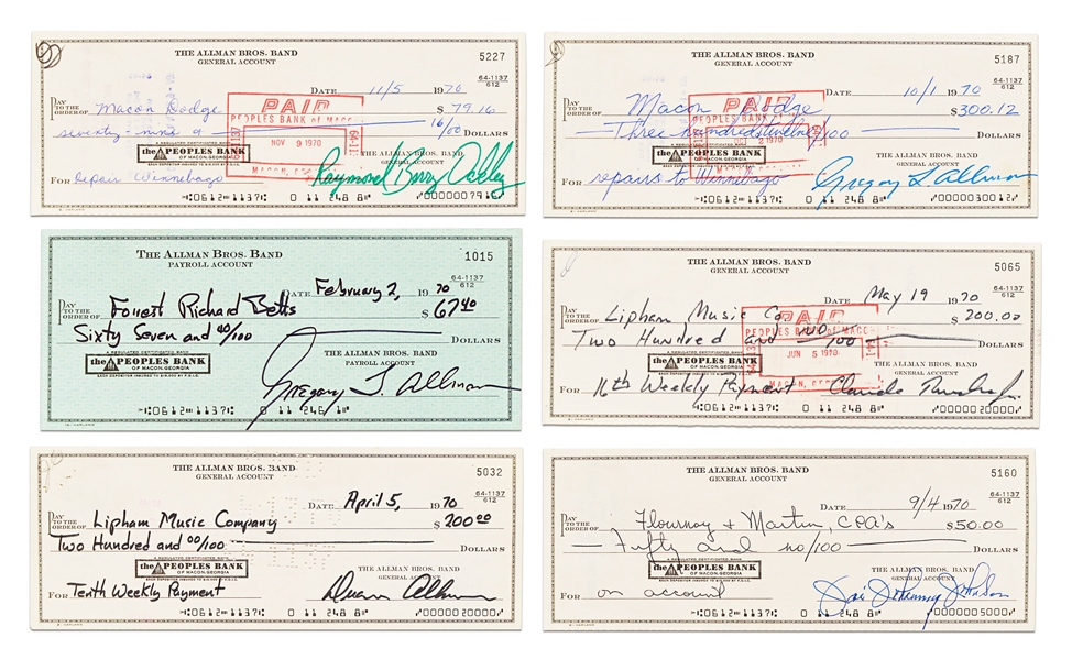 Lot of Six Checks from 1970 Signed by Original Members of The Allman Brothers Band -- Includes Scarce Duane Allman Check Signed from 1970