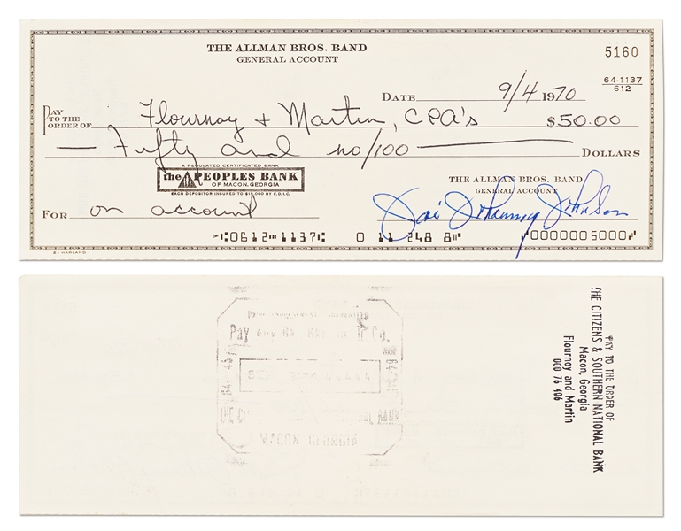 Lot of Six Checks from 1970 Signed by Original Members of The Allman Brothers Band -- Includes Scarce Duane Allman Check Signed from 1970