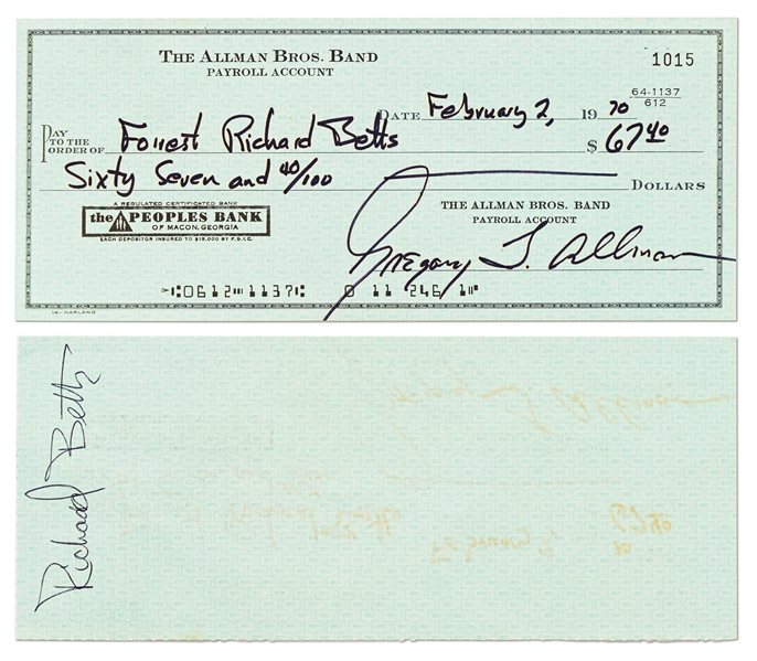 Lot of Six Checks from 1970 Signed by Original Members of The Allman Brothers Band -- Includes Scarce Duane Allman Check Signed from 1970