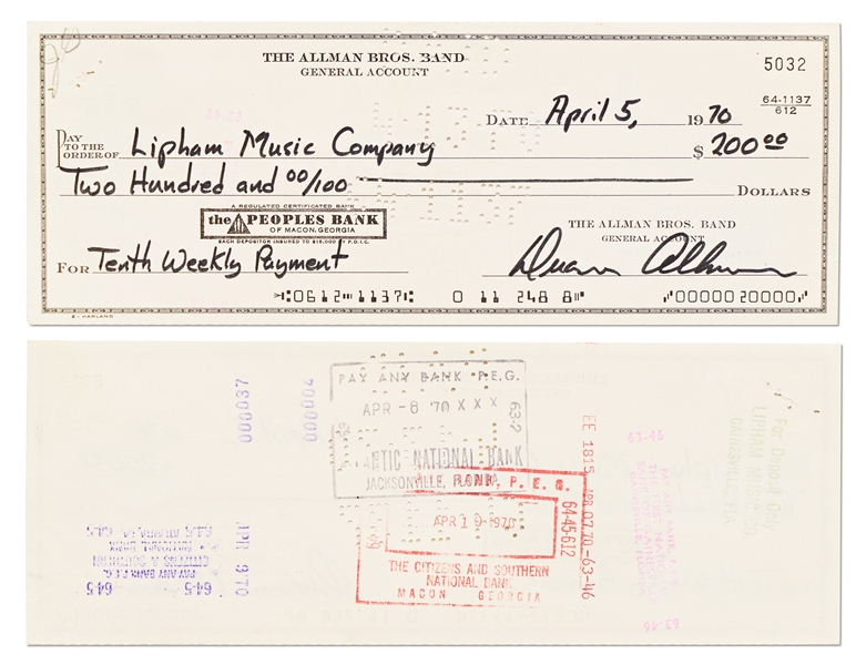 Lot of Six Checks from 1970 Signed by Original Members of The Allman Brothers Band -- Includes Scarce Duane Allman Check Signed from 1970