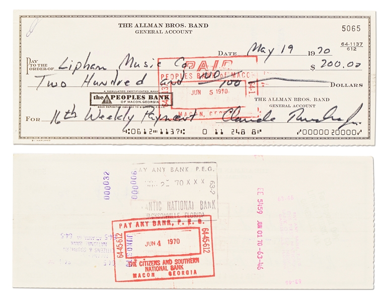 Lot of Six Checks from 1970 Signed by Original Members of The Allman Brothers Band -- Includes Scarce Duane Allman Check Signed from 1970