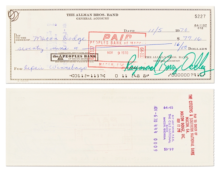 Lot of Six Checks from 1970 Signed by Original Members of The Allman Brothers Band -- Includes Scarce Duane Allman Check Signed from 1970