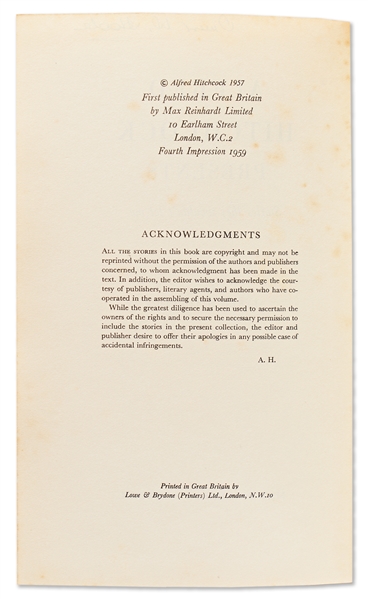 Alfred Hitchcock Signed Self-Portrait Within a First Edition of ''Alfred Hitchcock Presents''