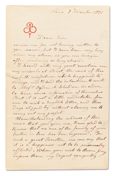 Frederic Bartholdi Autograph Letter Signed with Exceptional Content from 1871 in English -- Bartholdi References the Chicago Fire, the Franco-Prussian War and Relations Between the U.S. & France