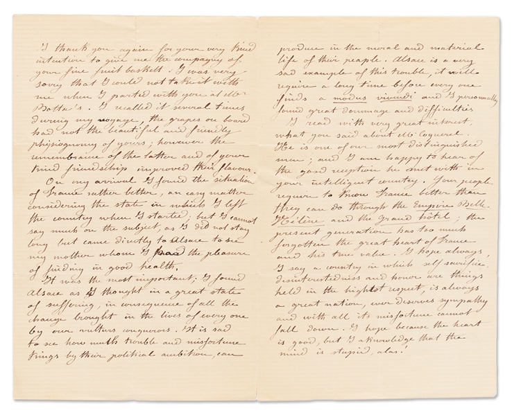 Frederic Bartholdi Autograph Letter Signed with Exceptional Content from 1871 in English -- Bartholdi References the Chicago Fire, the Franco-Prussian War and Relations Between the U.S. & France