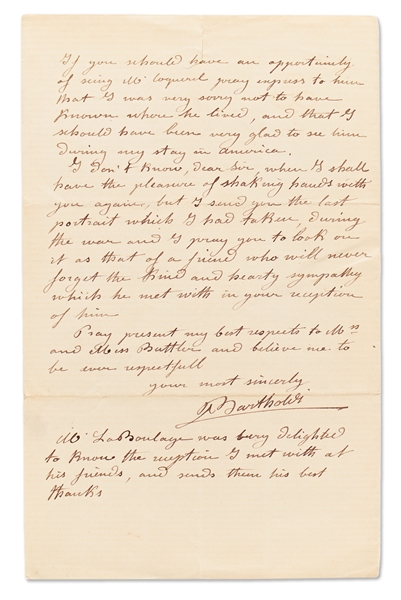 Frederic Bartholdi Autograph Letter Signed with Exceptional Content from 1871 in English -- Bartholdi References the Chicago Fire, the Franco-Prussian War and Relations Between the U.S. & France