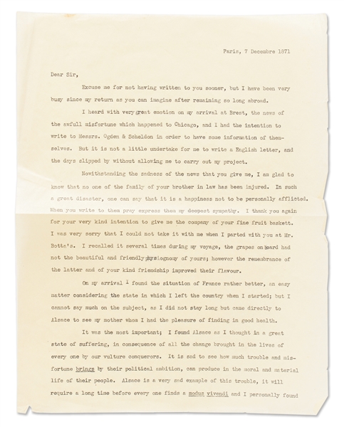 Frederic Bartholdi Autograph Letter Signed with Exceptional Content from 1871 in English -- Bartholdi References the Chicago Fire, the Franco-Prussian War and Relations Between the U.S. & France