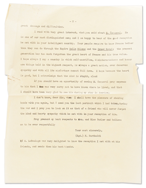 Frederic Bartholdi Autograph Letter Signed with Exceptional Content from 1871 in English -- Bartholdi References the Chicago Fire, the Franco-Prussian War and Relations Between the U.S. & France