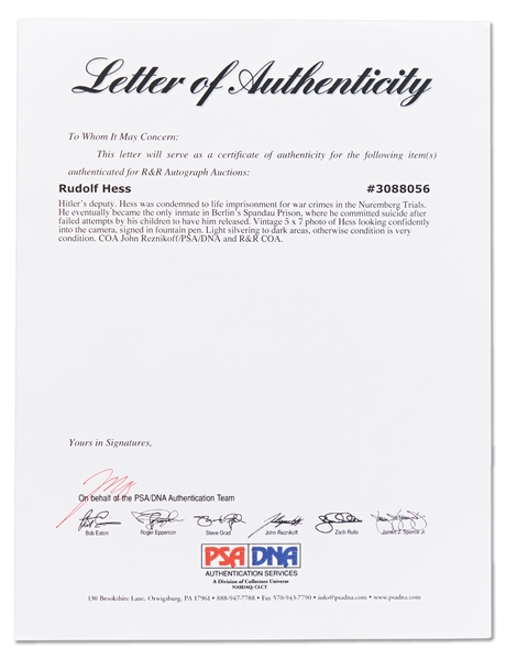 Rudolf Hess Signed Photo -- With PSA/DNA Auction COA