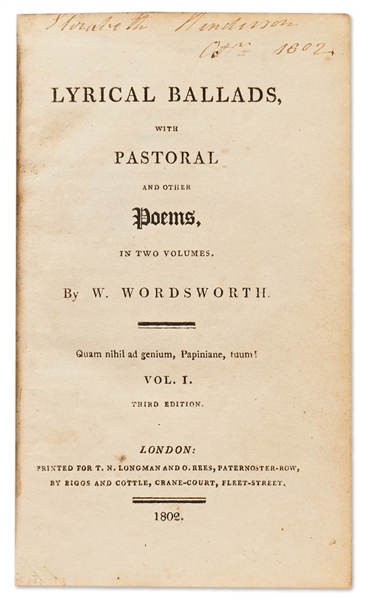 William Wordsworth and Samuel Taylor Coleridge 1802 Third Edition of ''Lyrical Ballads'' -- The Important Two Volume Set of Poetry that Sparked the English Romantic Movement