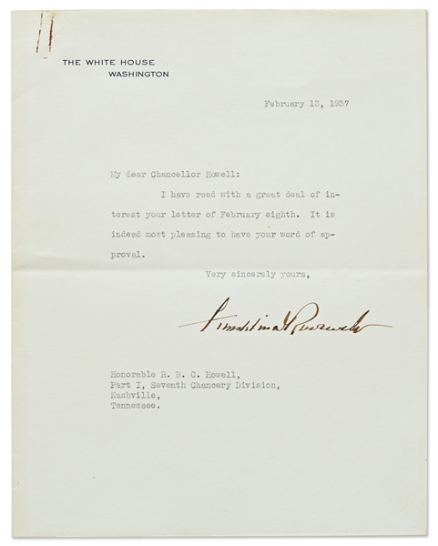 Franklin D. Roosevelt Letter Signed as President on White House Letterhead -- Likely Regarding FDR's Supreme Court-Packing Legislation from 1937