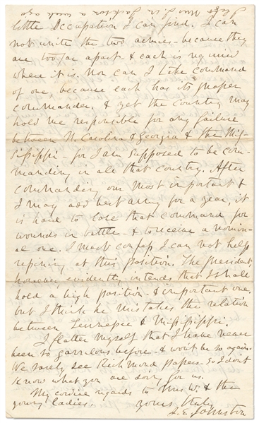 Fascinating Autograph Letter Signed by Confederate General Joseph E. Johnston Shortly After Assuming Command of the Western Theater -- ''...the country may hold me responsible for any failure...''