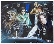 Carrie Fisher, Harrison Ford & Chewbacca's Peter Mayhew Signed 20'' x 16'' Photo From ''Star Wars'' -- With Steiner COA for Fisher and Mayhew, and Beckett COA for Ford