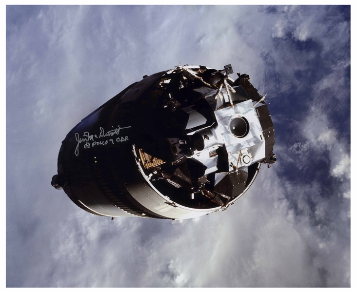 James McDivitt Signed 20'' x 16'' Photo of the Apollo 9 Lunar Module Against a Beautiful Cloudy Blue Sky
