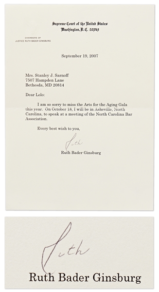 Ruth Bader Ginsburg Letter Signed on Supreme Court Stationery