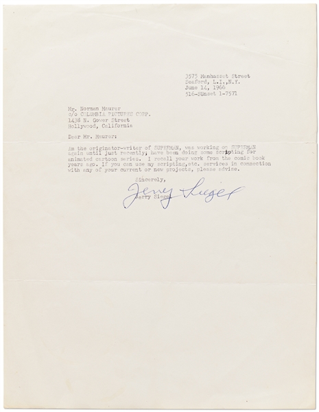 Jerry Siegel Letter Signed Regarding ''Superman'' from 1966 -- ''Am the originator-writer of SUPERMAN, was working on SUPERMAN until just recently...If you can use my scripting, etc. services...''