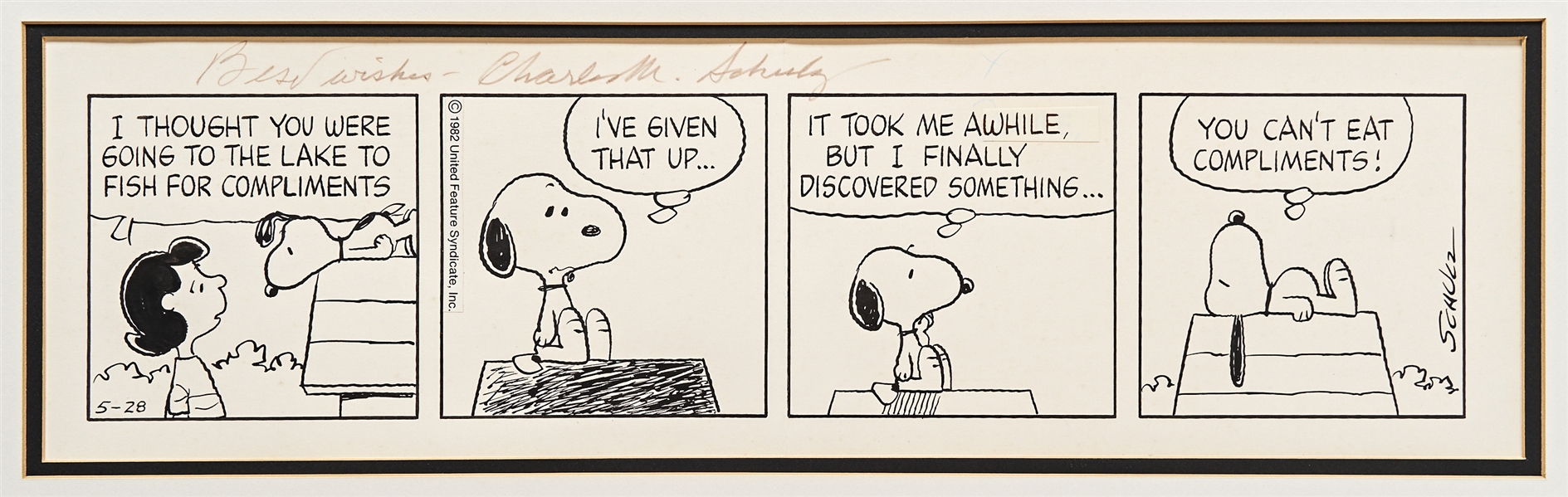 Original Charles Schulz Hand-Drawn ''Peanuts'' Comic Strip -- Snoopy Gives Up ''Fishing'' for Compliments