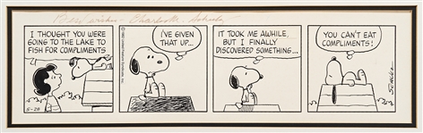 Original Charles Schulz Hand-Drawn Peanuts Comic Strip -- Snoopy Gives Up Fishing for Compliments