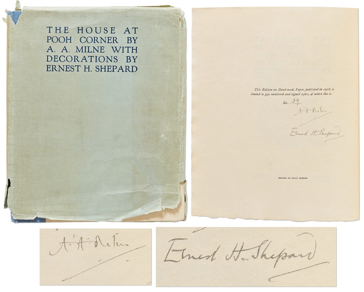 A.A. Milne & Ernest H. Shepard Signed 1928 Limited Edition of The House at Pooh Corner -- In Original Dust Jacket