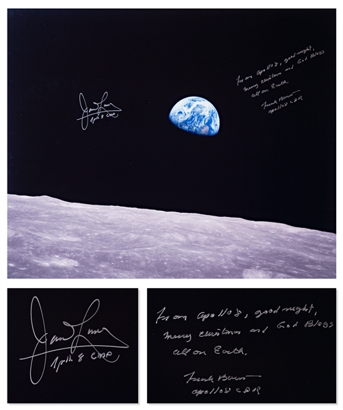 Stunning ''Earthrise'' 20'' x 16'' Photo Signed by Apollo 8 Astronauts Frank Borman and James Lovell -- Borman Writes a Christmas Greeting from the Mission
