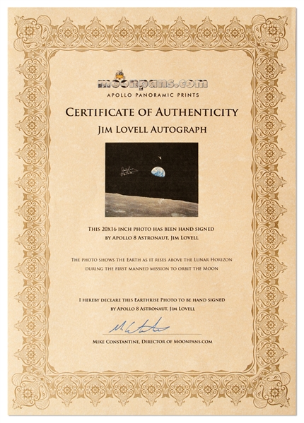 Stunning ''Earthrise'' 20'' x 16'' Photo Signed by Apollo 8 Astronauts Frank Borman and James Lovell -- Borman Writes a Christmas Greeting from the Mission