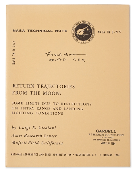 Frank Borman Signed NASA Apollo Report Regarding Return Trajectories from the Moon -- With Novaspace COA