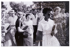 Elizabeth Eckford Handwritten Signed 20 x 13.375 Photo Essay From Her First Day of School as Part of the Little Rock Nine -- ...Someone yelled Get a rope. Drag her over to the tree!...