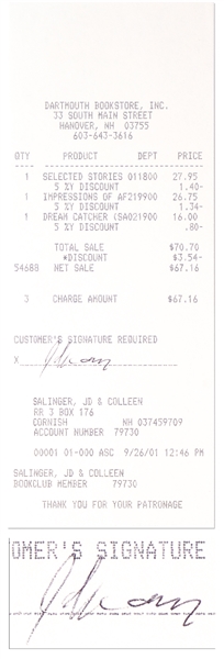 J.D. Salinger Signed Bookstore Receipt, With Salinger Buying His Daughters Tell-All Book Dream Catcher -- With PSA/DNA COA