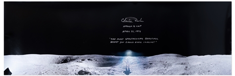 Charlie Duke Signed 36'' Panoramic Photo of the Lunar Surface -- ''The most spectacular beautiful desert you could ever imagine!''