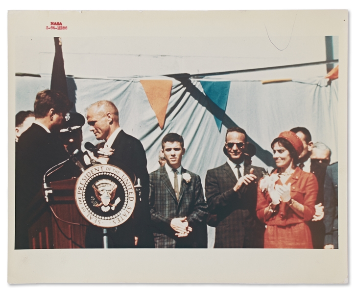 Red Number Photo of John F. Kennedy Presenting the NASA Distinguished Service Medal to John Glenn -- on ''A Kodak Paper''