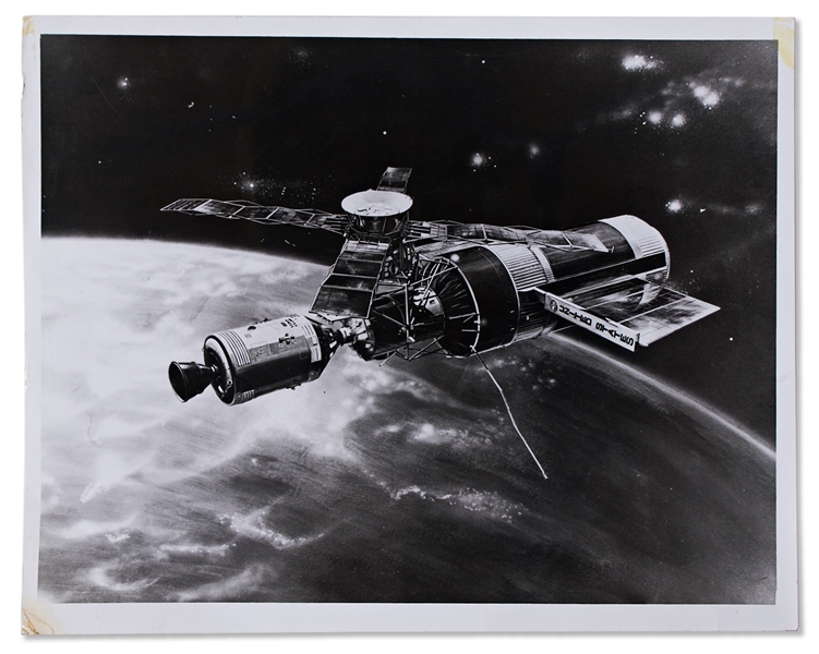NASA Photo of an Artistic Rendering of Skylab -- With NASA Press Release on Verso Dated June 1971, Two Years Before Skylab's Launch