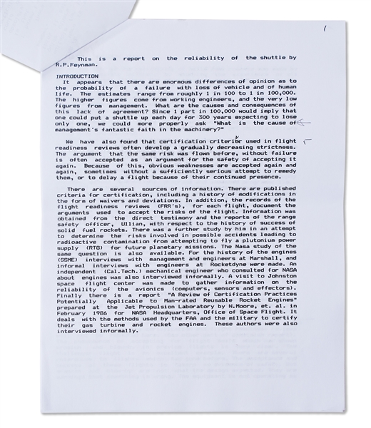 Richard Feynman Personally Owned Draft Copy of His Minority Report on the Space Shuttle Challenger Disaster -- Early, Possibly First Draft with Feynman's Handwritten Notes