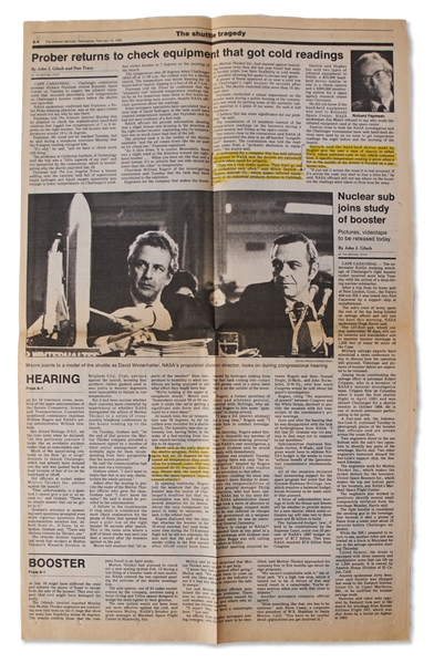 Richard Feynman Owned ''Orlando Sentinel'' Newspaper Pages with Space Shuttle Challenger Coverage