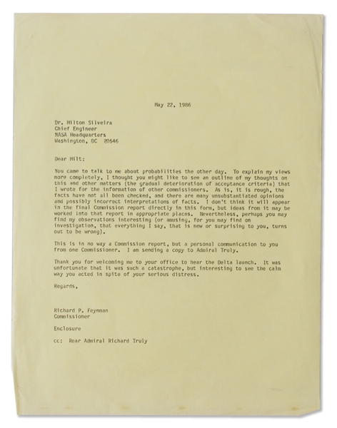 Richard Feynman's Retained Copy of a Letter Sent to NASA's Chief Engineer in 1986 Regarding ''Probabilities'' -- ''...it is rough...there are many unsubstantiated opinions...''