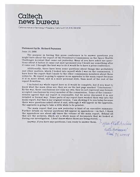 Richard Feynman Personally Owned Statement Regarding the Challenger Disaster -- With Handwritten Notes by Feynman